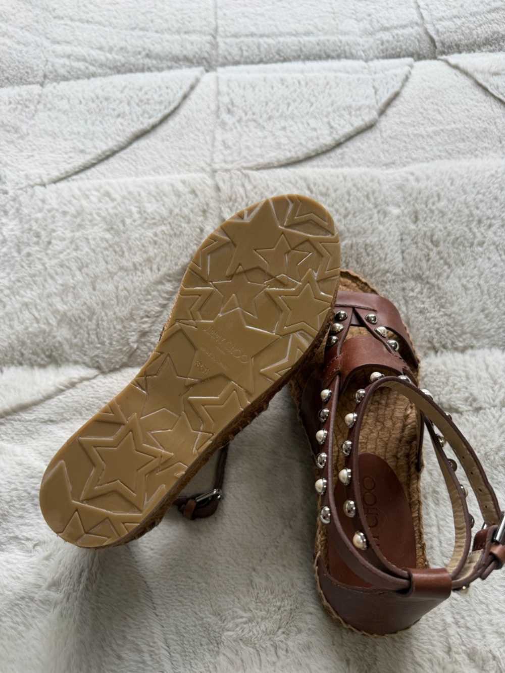 NEW! $625 Jimmy Choo Denise Brown Leather Strap Studded Espadrille Sandals 5.5 - Picture 6 of 8